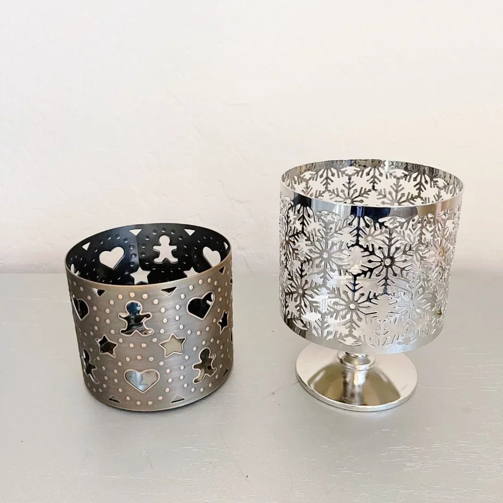 Metal 3 Wick Candle Holders Winter Snowflake Christmas Bath & Body Works Set 2